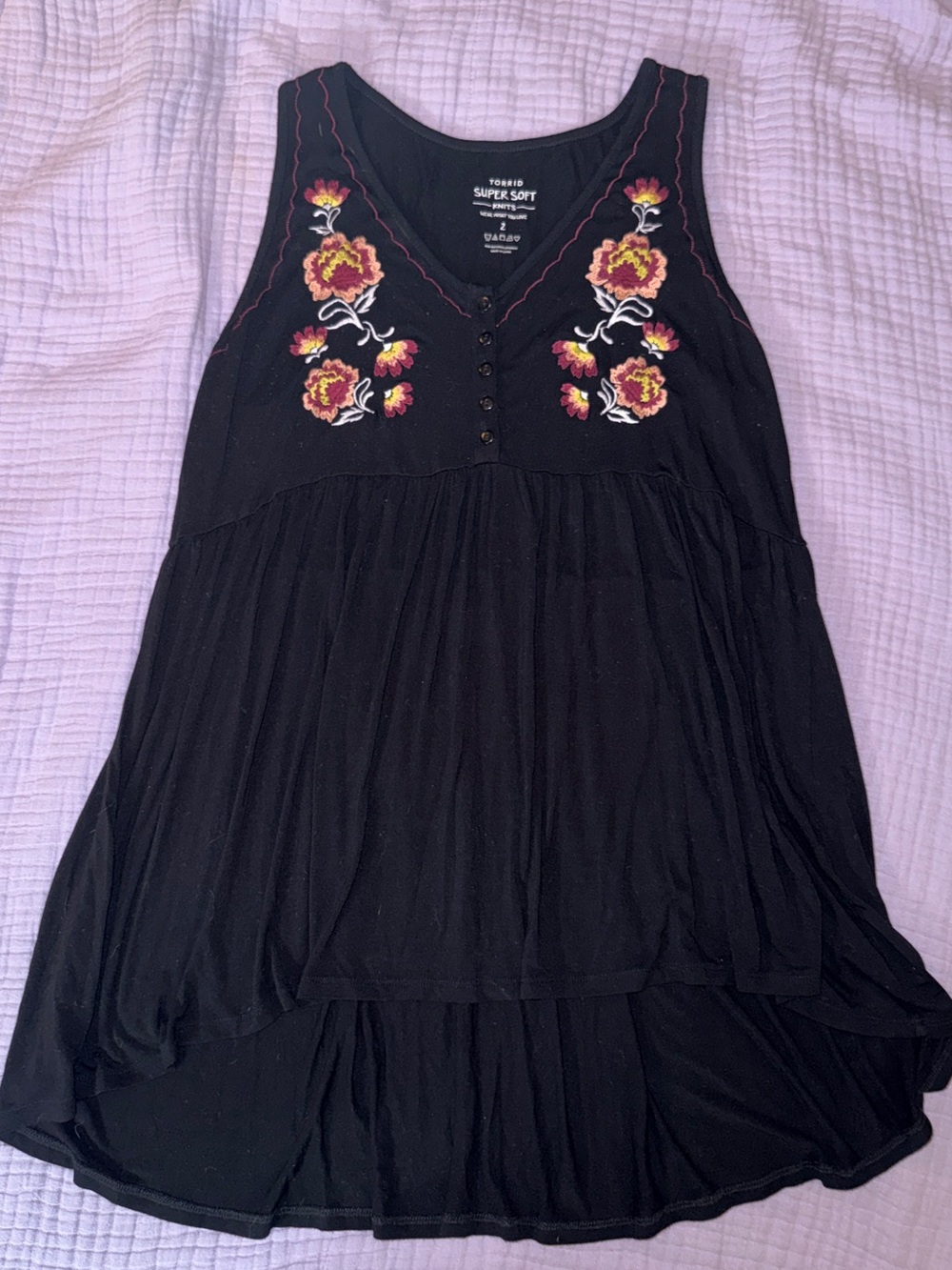 torrid Black Sleeveless Hi-lo Tank Top with Red and Yellow Floral Embroidery